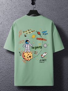 Claim Dot Loose Fit Men's Cartoon & Slogan Printed Drop Shoulder T-Shirt - Mint Green - View 2
