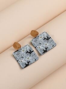 Bông tai hình vuông họa tiết hoa - Đen và trắng - Xem 2