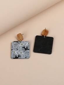 Bông tai hình vuông họa tiết hoa - Đen và trắng - Xem 3