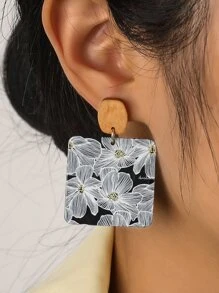 Bông tai hình vuông họa tiết hoa - Đen và trắng - Xem 5