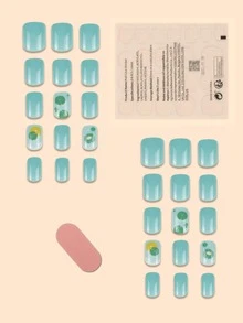 24入組短方形樹葉印花假指甲和1入組指甲銼和1張膠帶 - 藍色 - 查看 2