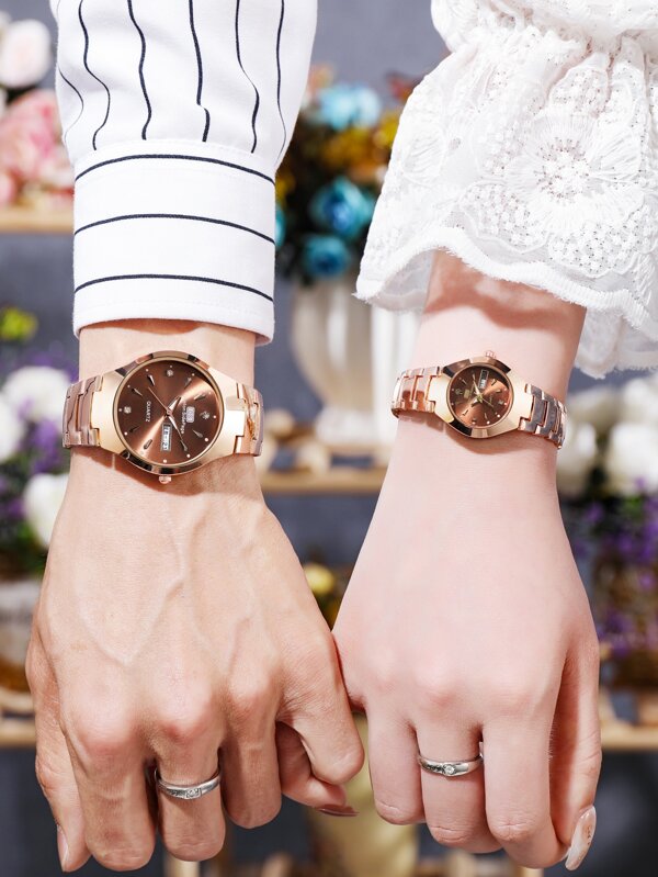 2pcs Rhinestone Decor Round Pointer Quartz Watch