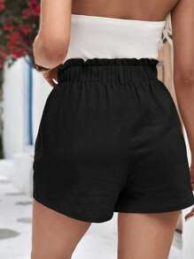 SHEIN Frenchy Paperbag Waist Button Detail Shorts - Black - View 2