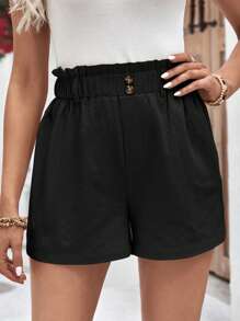 SHEIN Frenchy Paperbag Waist Button Detail Shorts - Black - View 6