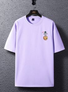 Manfinity Hypemode 男士休闲卡通及口号图案落肩 T 恤 - 紫色 - 查看 4