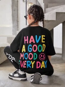 SHEIN 女孩標語圖案落肩袖超大號T恤 - 黑色 - 查看 1