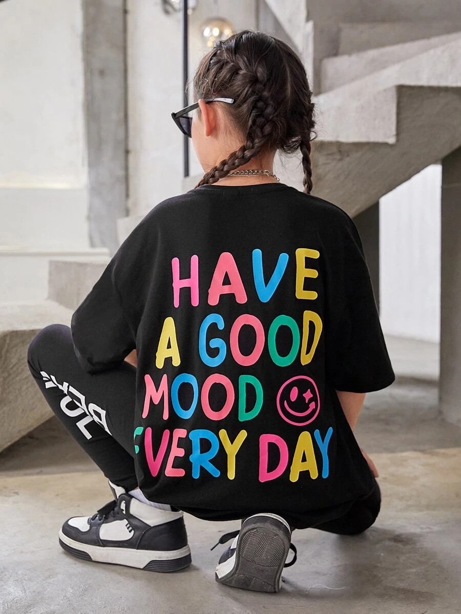 SHEIN 女孩標語圖案落肩袖超大號T恤 - 黑色 - 查看 1