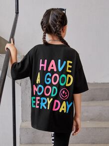 SHEIN 女孩標語圖案落肩袖超大號T恤 - 黑色 - 查看 2