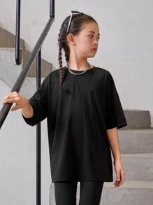 SHEIN 女孩標語圖案落肩袖超大號T恤 - 黑色 - 查看 4