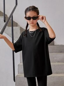 SHEIN 女孩標語圖案落肩袖超大號T恤 - 黑色 - 查看 5