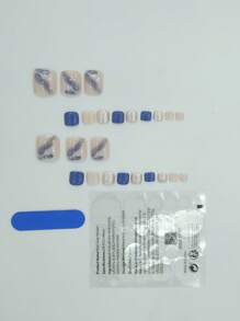 Transform Your Nails with 24pcs Short Square Blue Smudged Glitter Sequins Fake Toenail & 1pc Nail File & 1sheet Tape - Multicolor - View 2