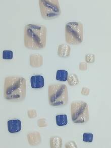 Transform Your Nails with 24pcs Short Square Blue Smudged Glitter Sequins Fake Toenail & 1pc Nail File & 1sheet Tape - Multicolor - View 6