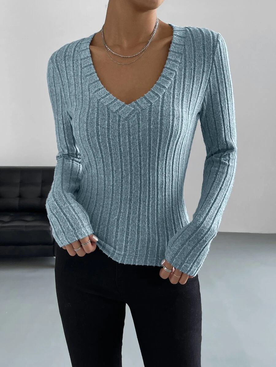 SHEIN EZwear Áo thun nữ Gân đan màu trơn Giải trí - Màu xanh lam - Xem 1