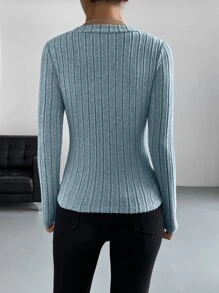 SHEIN EZwear Áo thun nữ Gân đan màu trơn Giải trí - Màu xanh lam - Xem 2