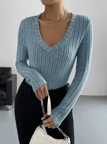 SHEIN EZwear Áo thun nữ Gân đan màu trơn Giải trí - Màu xanh lam - Xem 3
