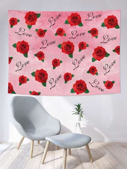 1pc Floral & Letter Graphic Tapestry, Romantic Flannelette Wall Blanket For Home, Flag For Room, Room Decor, Tapestry, Wall Art ,Room Stuffs, Flags For Room, Home Decor, Tapestry, Wall Tapestry