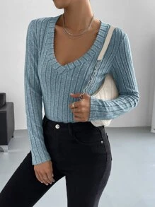 SHEIN EZwear Áo thun nữ Gân đan màu trơn Giải trí - Màu xanh lam - Xem 6