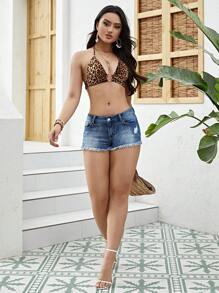 SHEIN Essnce Ripped Raw Hem Denim Shorts - Dark Wash - View 5