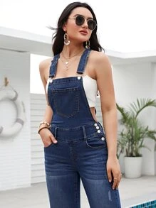 SHEIN Essnce Slant Pocket Denim Overalls Without Tank Top - Dark Wash - View 3