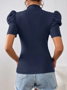 SHEIN Privé 小高領泡泡袖紐扣細節T恤 - 藏蓝色 - 查看 2