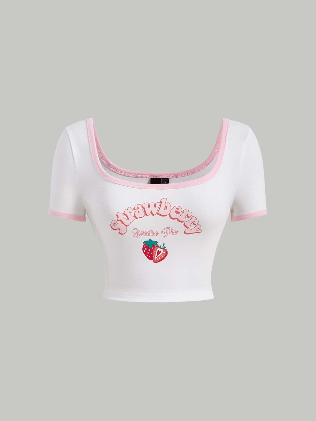 SHEIN MOD Strawberry & Letter Graphic Contrast Binding Crop Tee - White - View 1