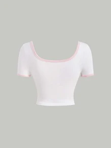 SHEIN MOD Strawberry & Letter Graphic Contrast Binding Crop Tee - White - View 4