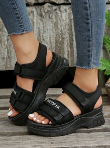 女士字母圖案魔術貼運動黑色織物運動涼鞋 - 黑色 - 查看 3