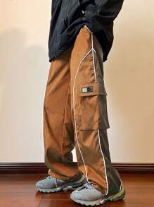 Manfinity EMRG 男士字母補丁細節拼接滾邊側翻蓋口袋工裝褲 - 駝色 - 查看 2