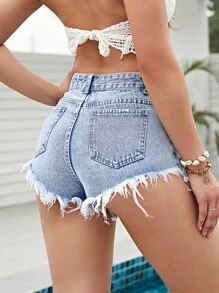 Quần short denim nữ Túi Dây kéo Hem thô màu trơn - Màu xanh lam - Xem 2