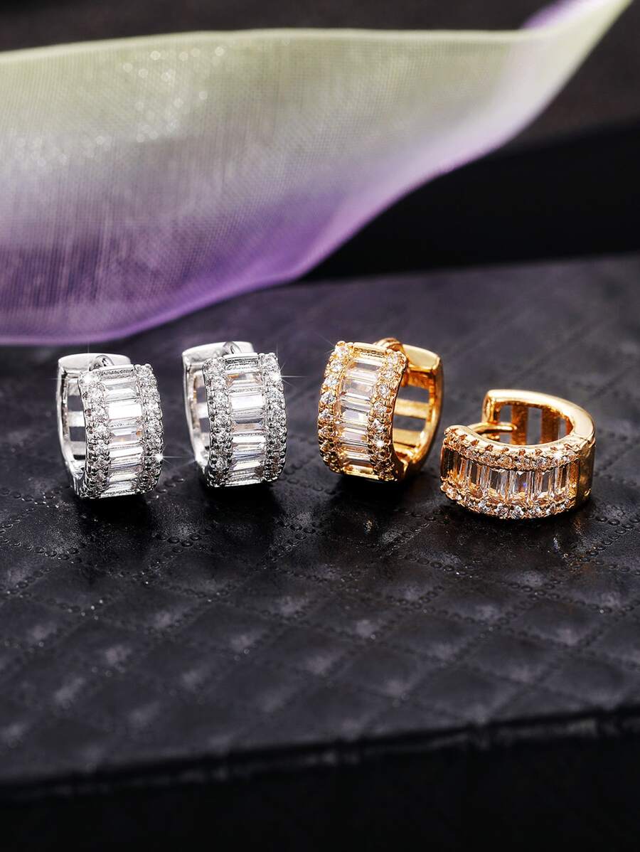 1對魅力四射方晶鋯石裝飾圓耳環適用於女士日常裝飾 - 金黃色 - 查看 1