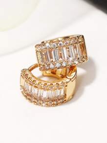 1對魅力四射方晶鋯石裝飾圓耳環適用於女士日常裝飾 - 金黃色 - 查看 3