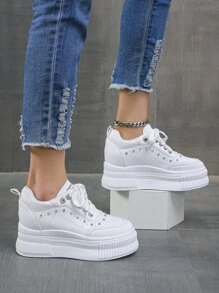 Zapatillas Deportivas De Cuña Para Mujer Con Tacón Interno Aumentador Y Decoración De Diamantes, Versátiles Y Elegantes. Otoño / Invierno, Zapatos Blancos Bajos Impermeable, Antideslizante - Blanco - Ver 1