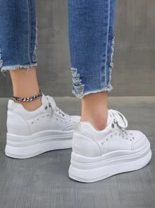 Zapatillas Deportivas De Cuña Para Mujer Con Tacón Interno Aumentador Y Decoración De Diamantes, Versátiles Y Elegantes. Otoño / Invierno, Zapatos Blancos Bajos Impermeable, Antideslizante - Blanco - Ver 2