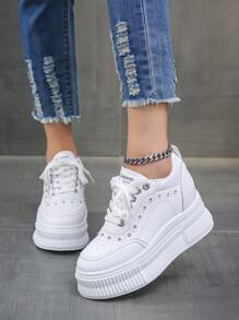 Zapatillas Deportivas De Cuña Para Mujer Con Tacón Interno Aumentador Y Decoración De Diamantes, Versátiles Y Elegantes. Otoño / Invierno, Zapatos Blancos Bajos Impermeable, Antideslizante - Blanco - Ver 4