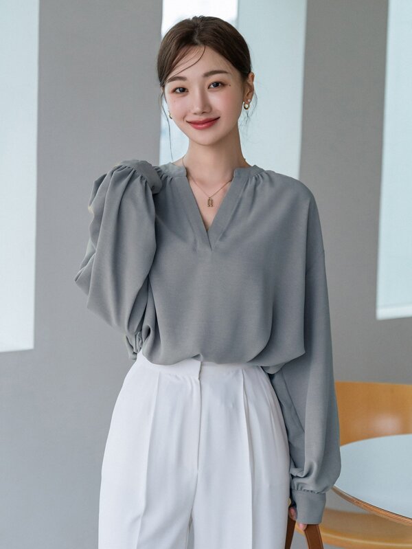 DAZY Solid Drop Shoulder Notched Neck Blouse,Fall Clothes