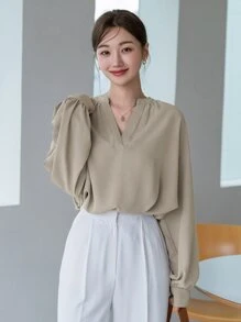 DAZY Solid Notched Neck Drop Shoulder Blouse Long Sleeve Top - Apricot - View 1