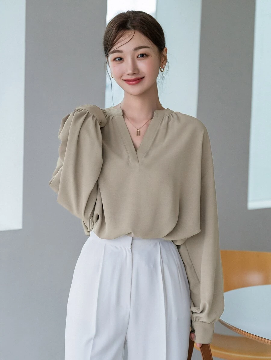 DAZY Solid Notched Neck Drop Shoulder Blouse Long Sleeve Top - Apricot - View 1