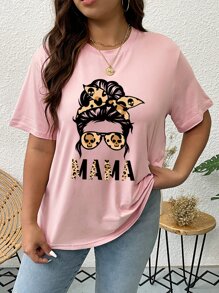 SHEIN LUNE Áo thun Plus size Con số Lá thư Giải trí - Hồng - Xem 1