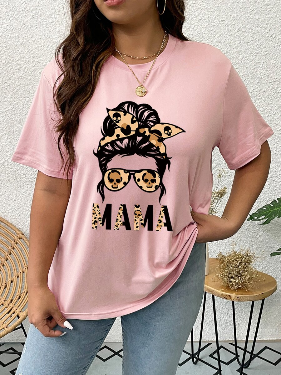 SHEIN LUNE Áo thun Plus size Con số Lá thư Giải trí - Hồng - Xem 1