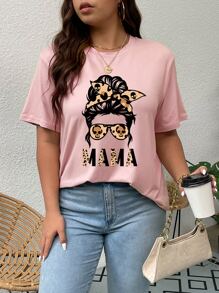 SHEIN LUNE Áo thun Plus size Con số Lá thư Giải trí - Hồng - Xem 3