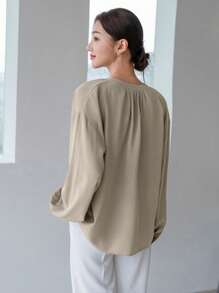 DAZY Solid Notched Neck Drop Shoulder Blouse Long Sleeve Top - Apricot - View 2