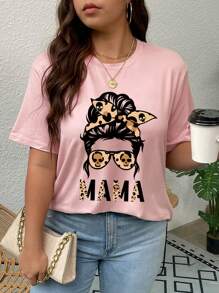 SHEIN LUNE Áo thun Plus size Con số Lá thư Giải trí - Hồng - Xem 4