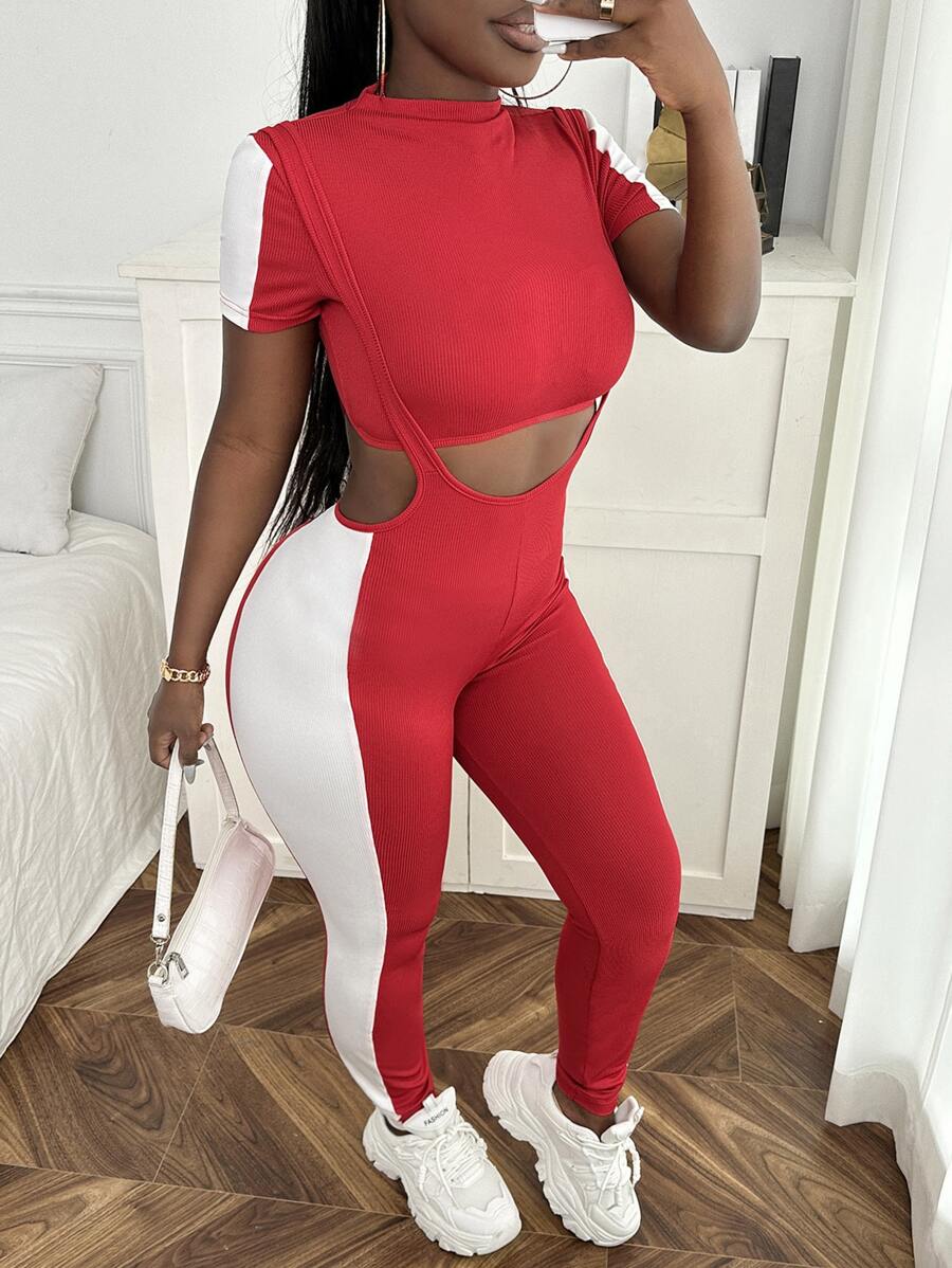 Slaydiva Mock Neck Tee & Contrast Side Seam Jumpsuit - Red and White - View 1