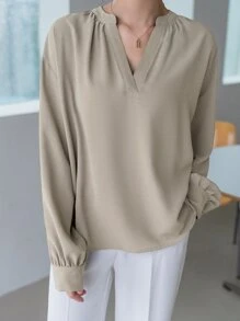 DAZY Solid Notched Neck Drop Shoulder Blouse Long Sleeve Top - Apricot - View 3