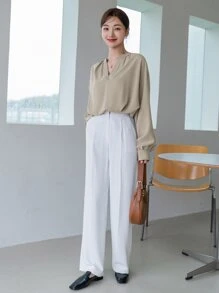 DAZY Solid Notched Neck Drop Shoulder Blouse Long Sleeve Top - Apricot - View 4