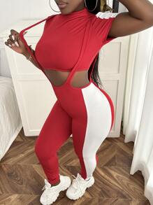 Slaydiva Mock Neck Tee & Contrast Side Seam Jumpsuit - Red and White - View 4