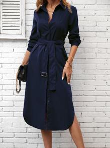 INAWLY Solid Button Front Belted Shirt Dress - Navy Blue - View 1