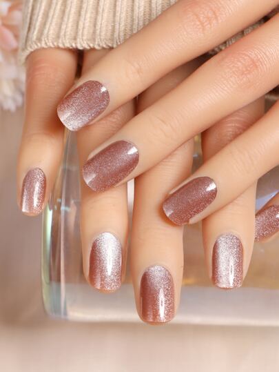 Trasforma Le Tue Unghie Con 24 Pezzi Di Finte Unghie Ad Effetto Occhi Di Gatto Glitterati Apricot A Forma Quadrata E Di Lunghezza Maggiore & 1 Pezzo Di Lima Per Unghie & 1 Foglio Di Nastro Adesivo Per Unghie - Unghie Autocollanti, Forniture Per Unghie