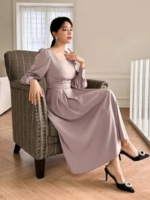 DAZY Square Neck Ruched Tie Back Dress - Purple - View 1