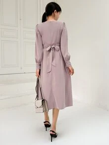 DAZY Square Neck Ruched Tie Back Dress - Purple - View 2